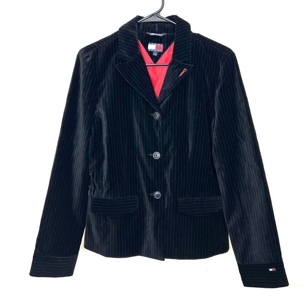 Tommy Hilfiger Vintage Y2K Black Velvet Pin Striped Blazer Jacket Size L